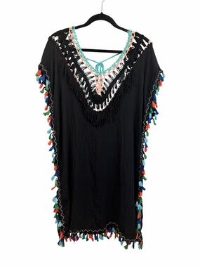 Black Crochet-Trim Swim Coverup with Multicolor Tassels
